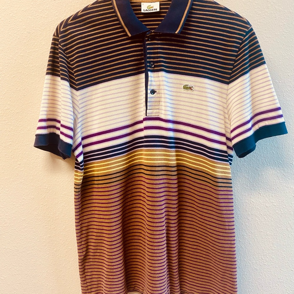 Lacoste Men's Polo Shirt - Gold, Purple, Yellow Stripes, size 3.